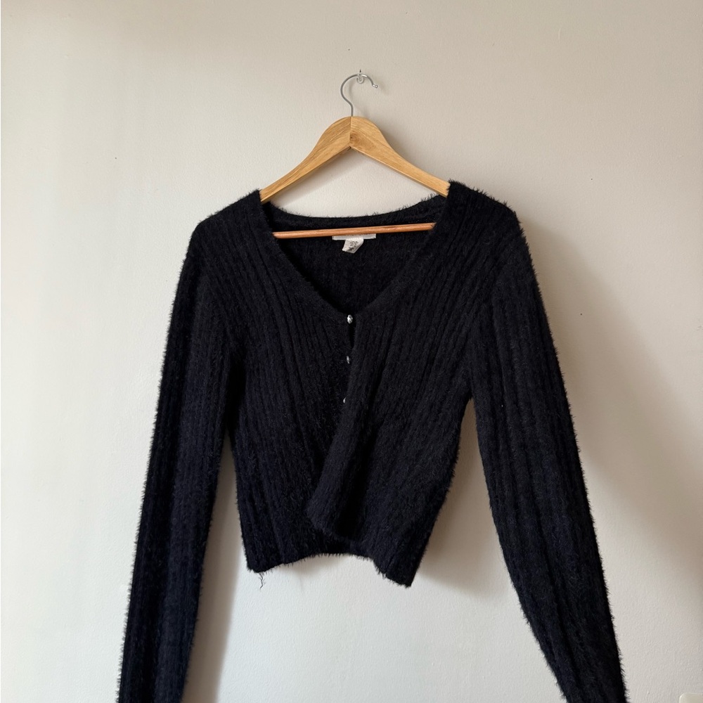 Happily Grey Fuzzy Black Knit Cardigan Sweater